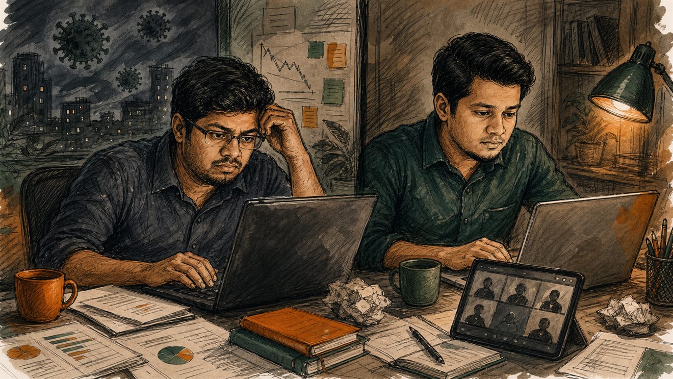 Sketch art showing the COVID phase struggle of Recluse Infotech