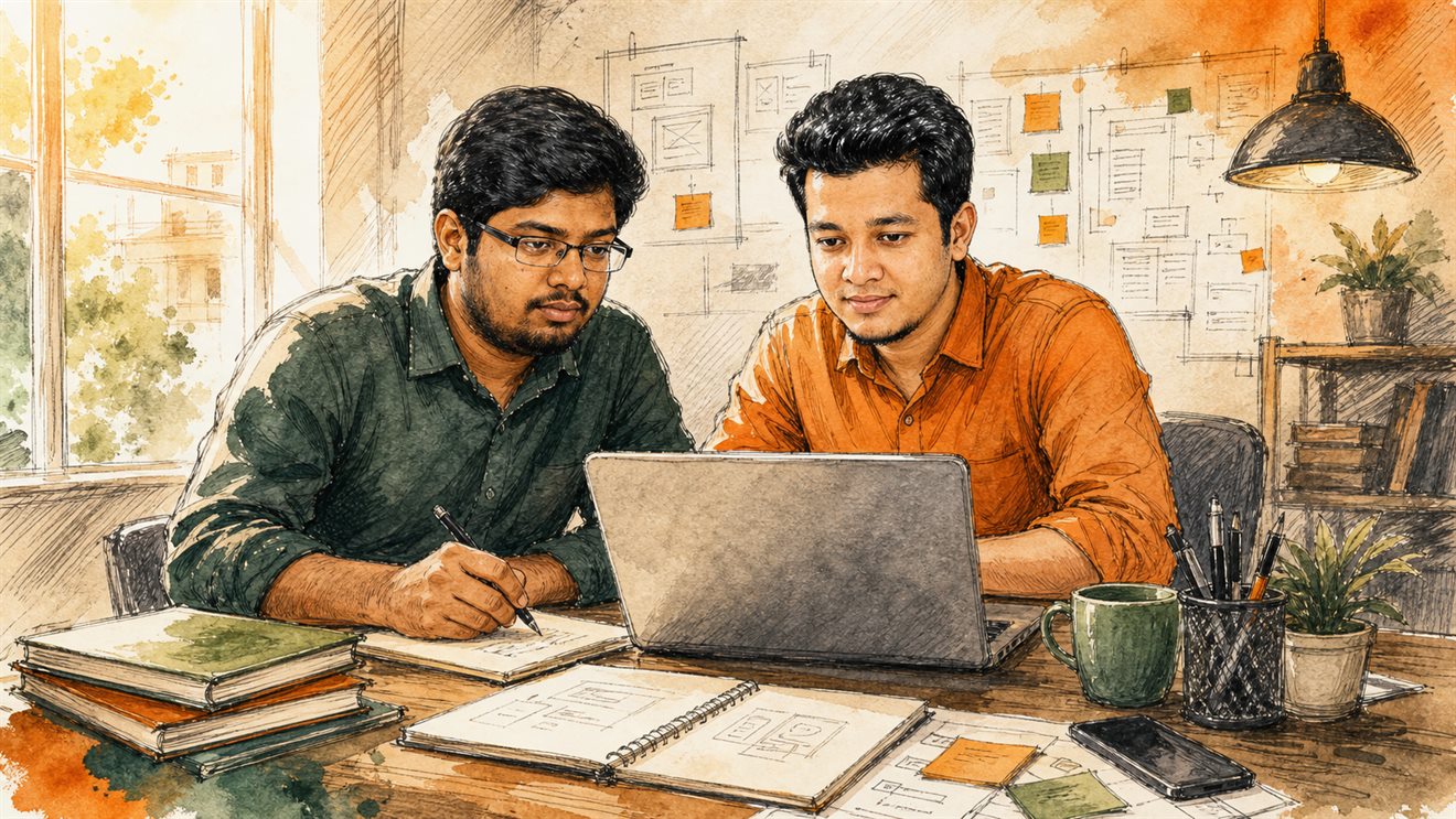 Sketch art of Recluse Infotech founders beginning their startup journey