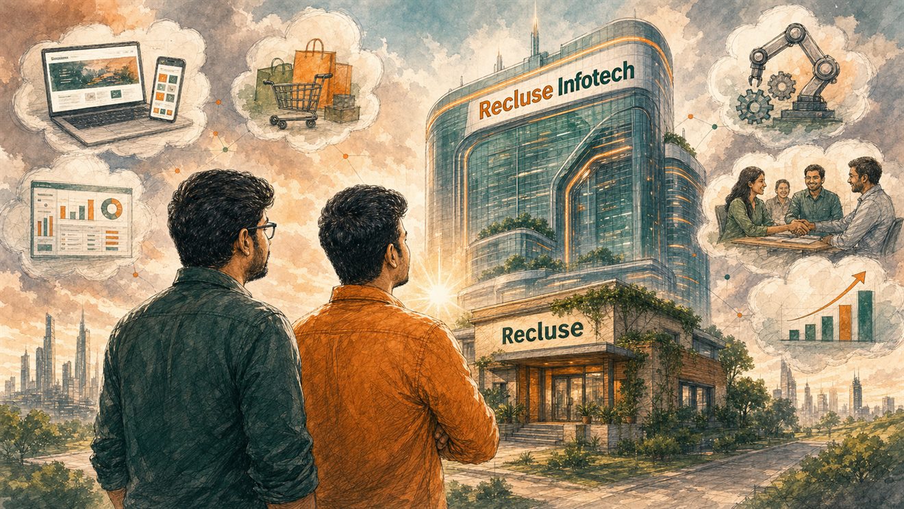 Sketch art of the founders dreaming of Recluse growing into Recluse Infotech